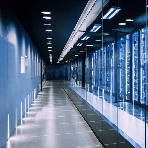 lit up hallway in server room