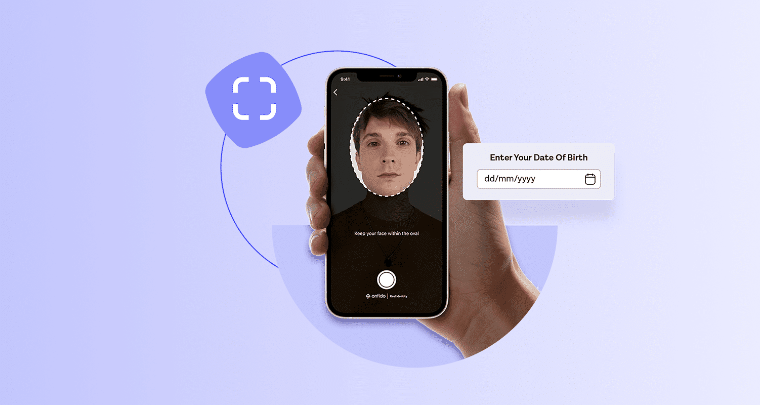 hand holding mobile phone with facial recognition and date of birth verification