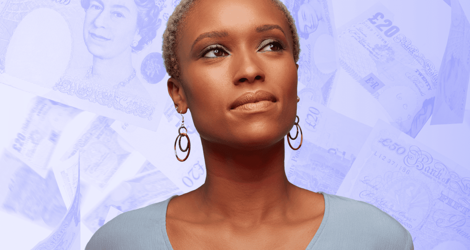 woman looking up with eu currency in background