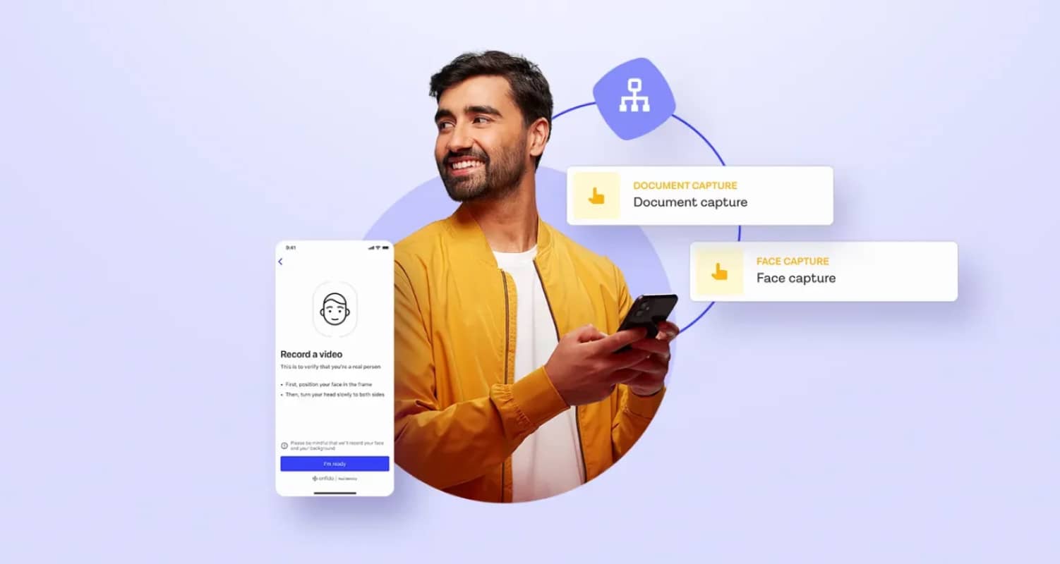 A man using a phone with verification prompts on screen