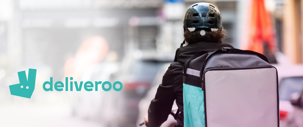 deliveroo logo next to delivery person riding bike