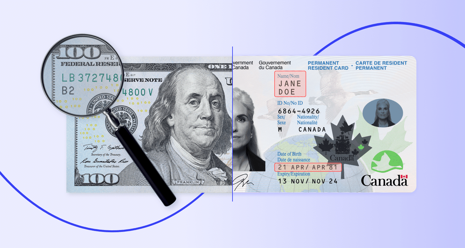 left side shows one hundred dollar bill with magnifying glass over it and the right side shows a canadian woman's id