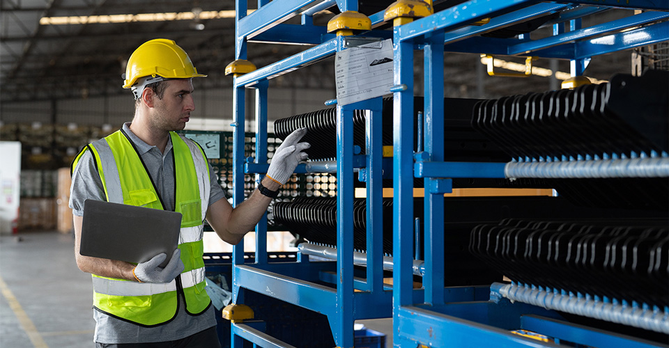Man using a laptop in a warehouse