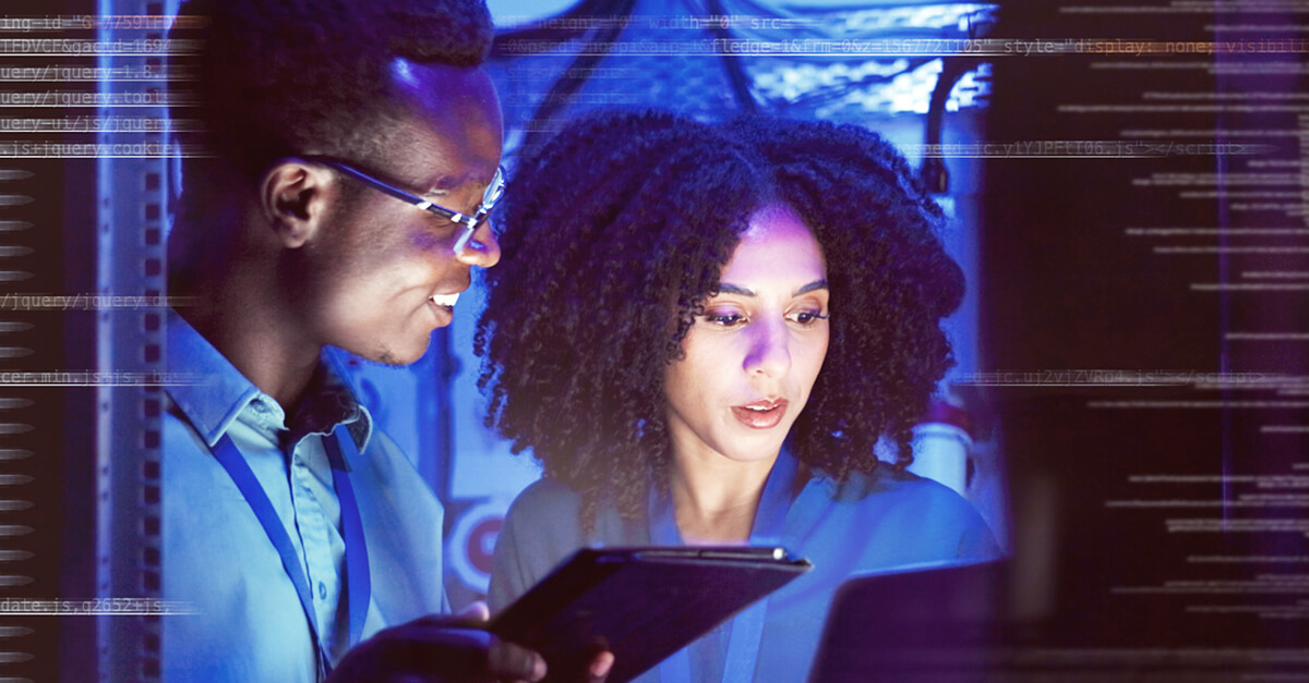 man and woman looking at devices for CLM