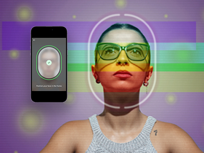 Person undergoing facial recognition scan shown with mobile interface overlay