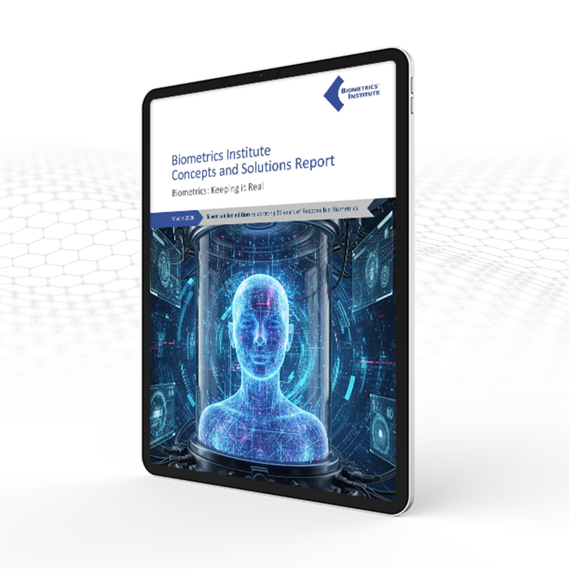 Tablet displaying the Biometrics Institute Concepts and Solutions Report with a digital human face graphic on the cover