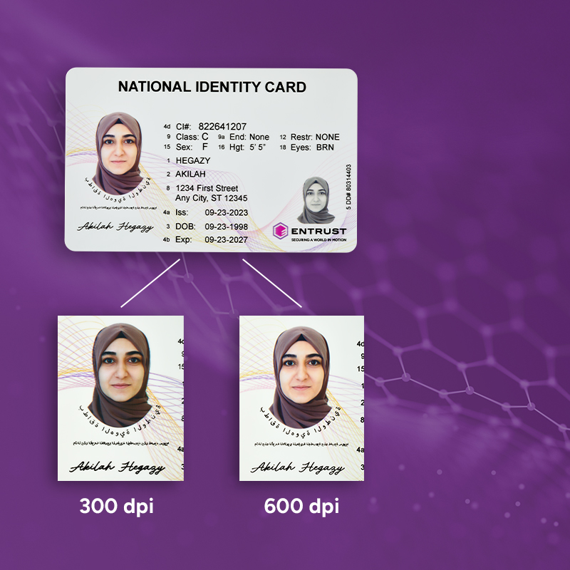 National ID card graphic with portrait quality comparison at 300 dpi and 600 dpi