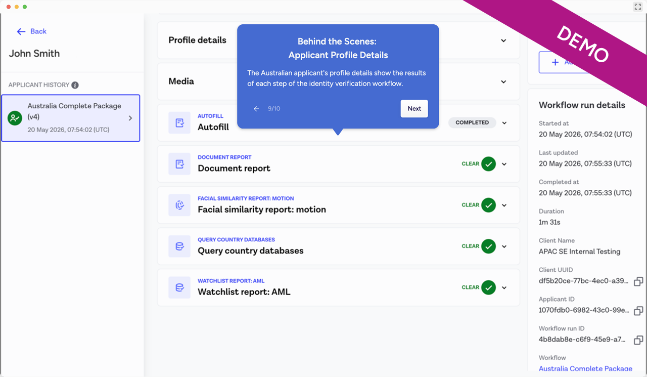 Australia KYC demo with Identity Verification dashboard