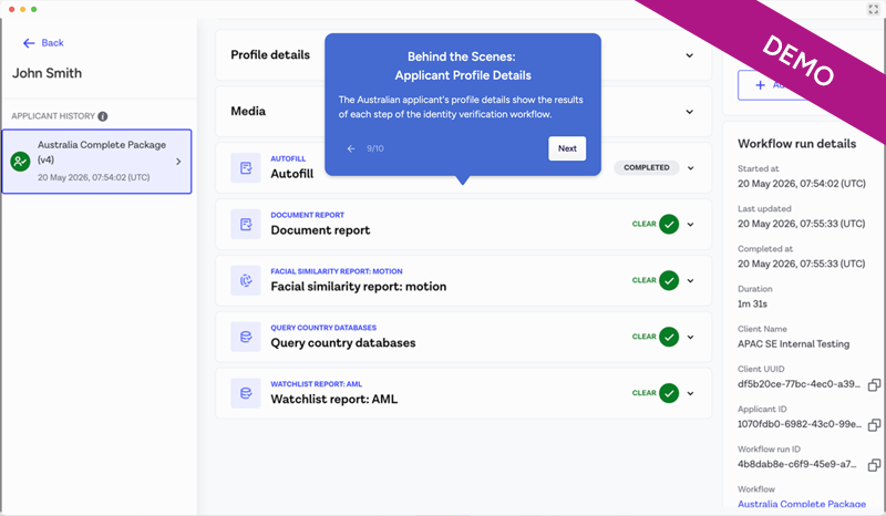 Australia KYC demo thumbnail with Identity Verification dashboard