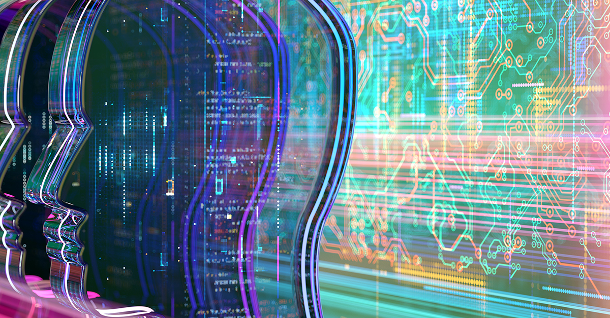 Abstract digital human profiles overlaid with circuit patterns and data streams, representing AI and cryptographic technology