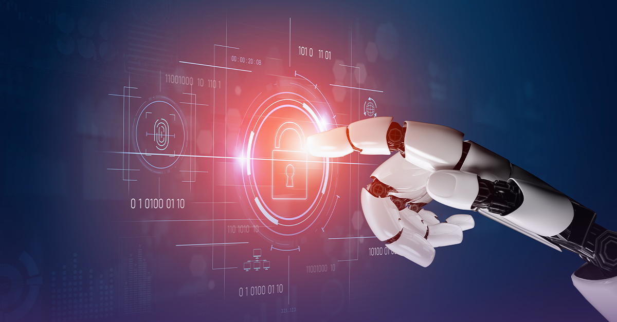 Robotic hand interacting with a digital padlock interface representing AI-driven cybersecurity and data protection