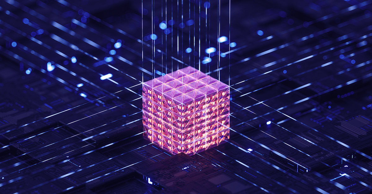 Glowing digital cube suspended above a futuristic blue circuit board network
