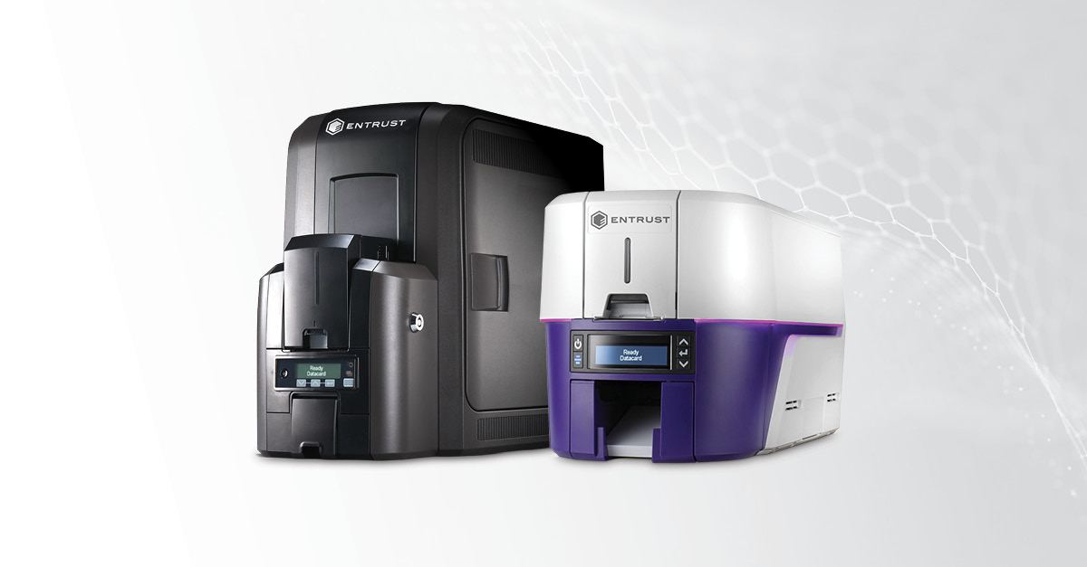Entrust card printers in black and white with a purple accent, displayed side by side