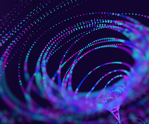 Abstract blue and purple dotted waves forming a digital spiral pattern