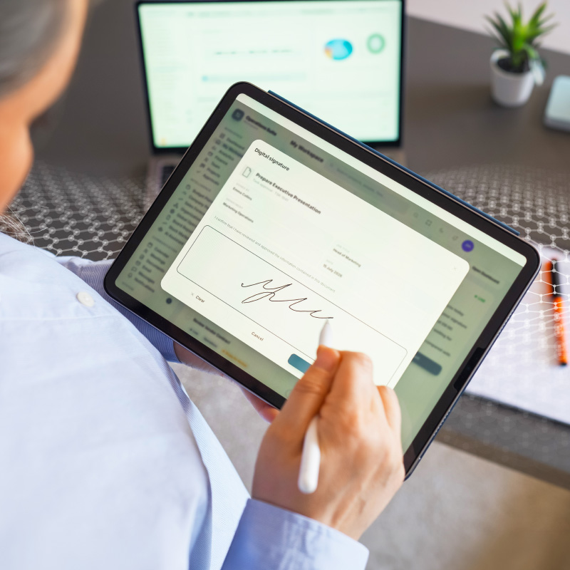Person signing a digital document on a tablet