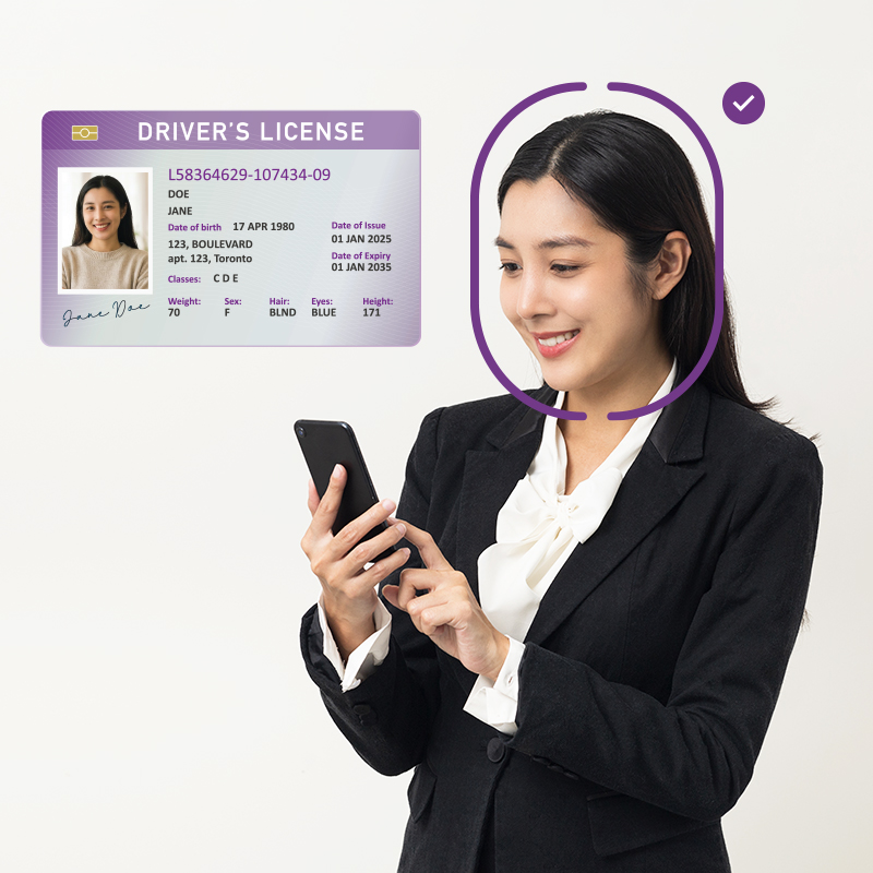 Person using a smartphone to complete identity verification, with a driver's license and facial recognition match displayed