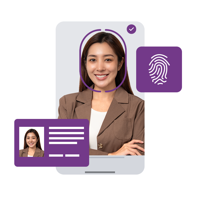 Person completing facial and biometric identity verification with digital credentials displayed on screen