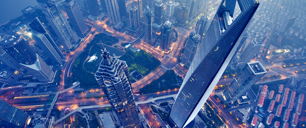Aerial view of downtown skyscrapers