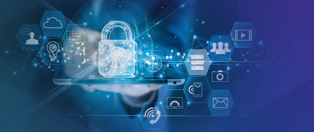 man on ipad with security icons hovering